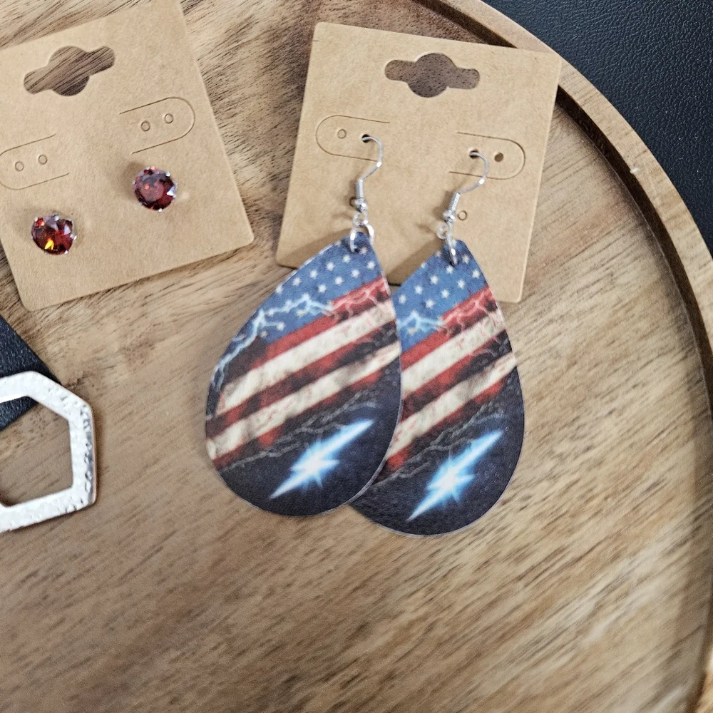 Women's Fashion Set of 3 Pairs Earrings American Flag Silver Red Crystal Studs